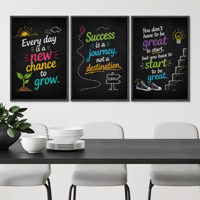 Daily Motivation Artwork, Colorful Chalkboard Style Inspirational Quotes Decor, Wall Art Decor Framed On Canvas 3 Pieces Print