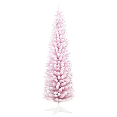7' Snow Flocked Artificial Pencil Christmas Tree, Slim Xmas Tree with Realistic Branches and Plastic Base Stand for Indoor Decoration
