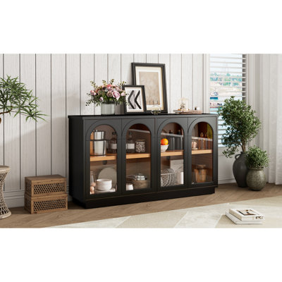 Buffet 4 portes avec portes en verre - noir. Rangement pour porte-pinces. Tablettes réglables en verre noir élégant. Généreux. Conception. Toucher