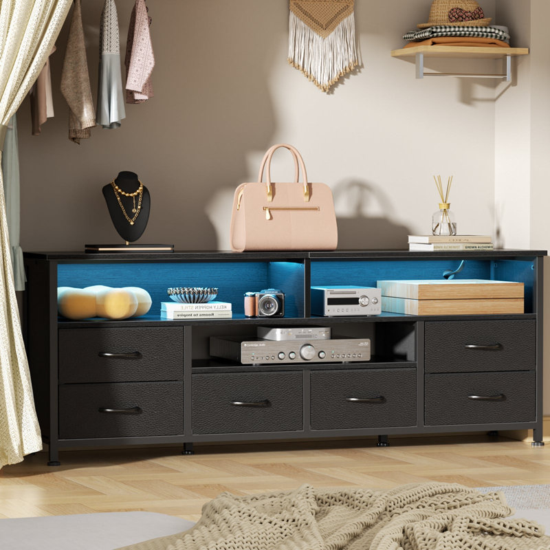 TV Stand Dresser Media Console with LED Lights & Charging Station, 6 Fabric Drawers Entertainment Center for TVs, Black, 63"