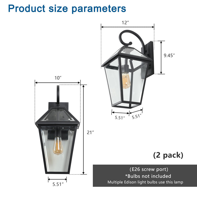 Black Outdoor Wall Lantern With Clear Glass Shade Hardwired, Set of 2