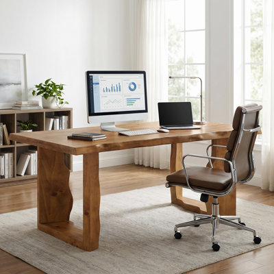 63"W Large Solid Wood Executive Desk, Rustic Live Edge Computer Work Desk for Home Office