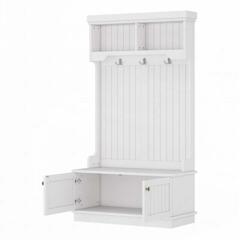 Hall Tree With Storage Cabinets, Display Shelves, Hooks And Shoe Bench, White