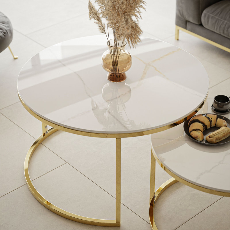 Deavers 2 Piece Frame Coffee Table, White Marble