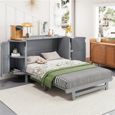 Full Murphy Bed With Hidden Storage & Modern Woven Design, Perfect For Space-Saving And Stylish Living
