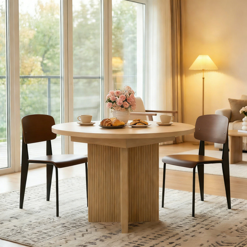 Round-to-oval Extendable Dining Table, 35.4″ Round/47.2″ Oval, Light Oak or Dark Walnut, Farmhouse Expandable Table for for Small Kitchen & Dining Areas