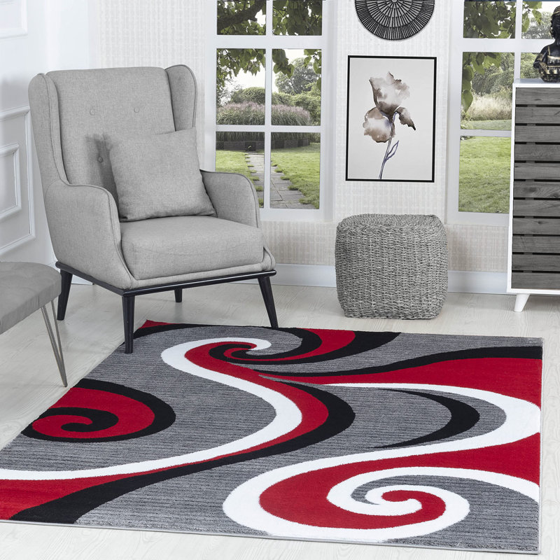 Glory RugsModernAreaRugRed&GraySwirls,Contemporary forBedroom,LivingRoom,Dining, Rectangle 5'3" x 7'