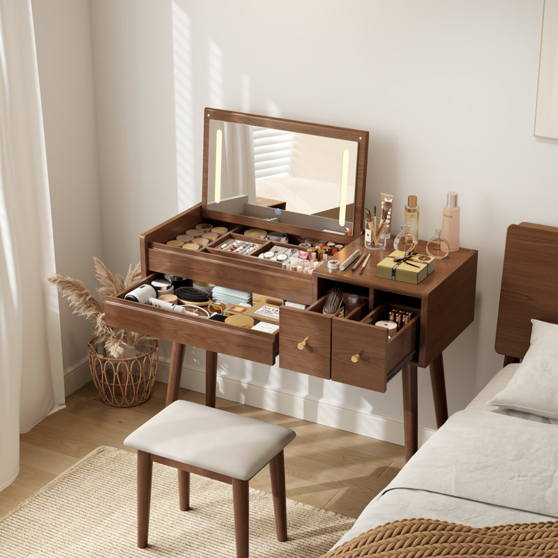 Makeup Vanity with Flip Top Mirror Lights & Drawers, 3 Lighting Modes Adjustable Brightness, Small Vanity Table for Bedroom Living Room