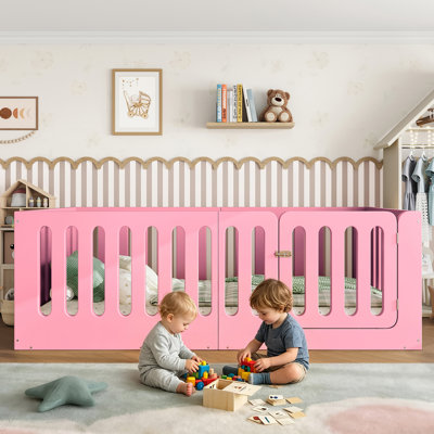 Lit simple au sol avec clôture haute, lit Montessori en bois massif avec porte, profil bas, aucun sommier requis, rose