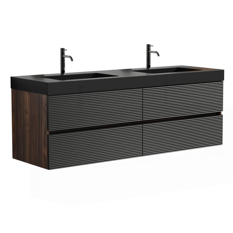 Meuble-lavabo de 60 po en noyer Grace avec lavabo en quartz noir mat et tiroirs noirs doux, meuble-lavabo mural flottant, sans drain ni robinet, pré-assemblé