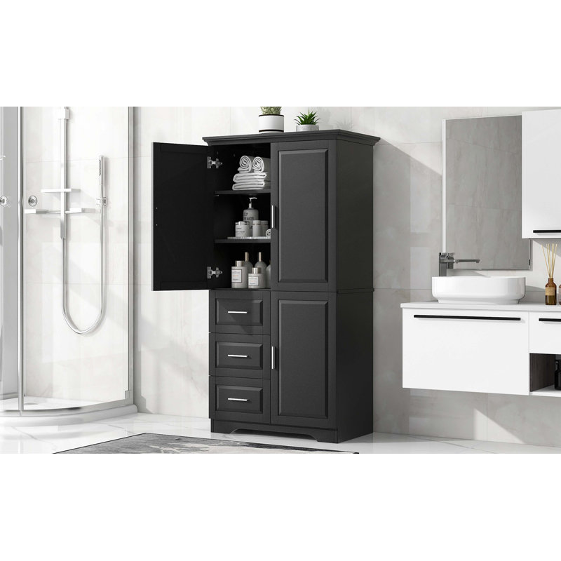 Armoire de rangement haute et large avec portes pour salle de bain / bureau, trois tiroirs, Black