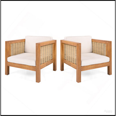 Ensemble de 2 fauteuils club d'extérieur, structure en bois d'acacia avec accoudoirs en osier et coussins beiges, capacité de 400 lb