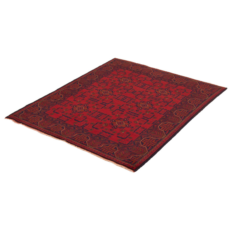 Tapis rouge en laine noué à la main de conception unique 4 pi 10 po x 6 pi 3 po Mosese