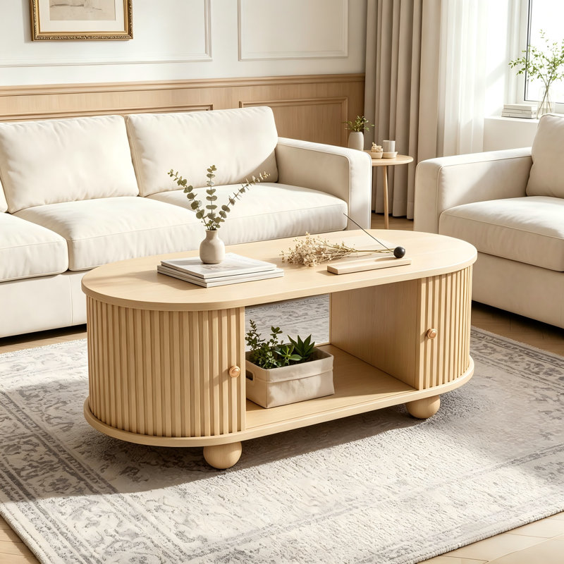 Oak Fluted Coffee Table With Sliding Storage Doors, Oval Centre Table With Hidden Storage