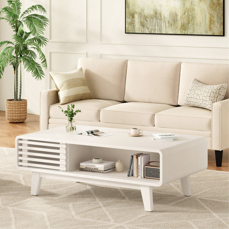 Table basse, tables de salon, table moderne avec rangement, table basse Mid Century, Blanc