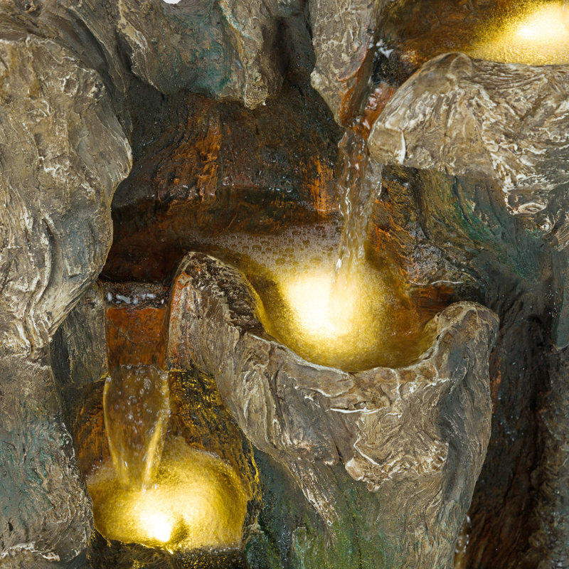 Outdoor Tiered Floor Tree Trunk Fountain with LED Lights, 40" H x 13" W x 15" D