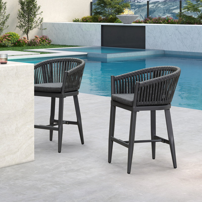 Bayou Breeze Counter Bar Stools Chair Set Of 2, Modern Aluminum Wicker Bar Chair Indoor And Outdoor, Gray