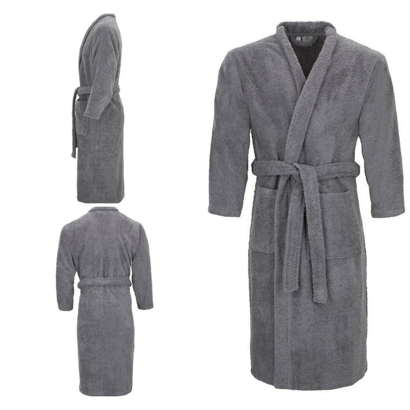 Lorello Terry Cloth Mid-Calf Bathrobe with Pockets, L/XL, Silver