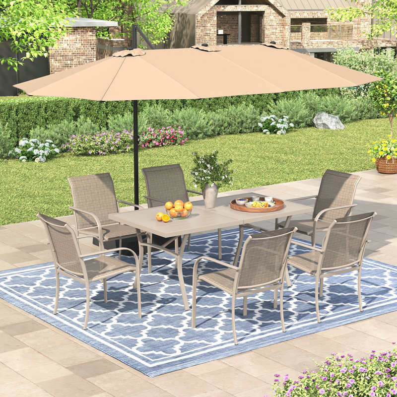 Ensemble repas d'extérieur rectangulaire pour 6 personnes avec parasol et chaises empilables, Sable / coquillage / beige