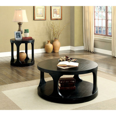 Table de bout ronde de style transitionnel, en bois massif et finition noire antique, tablette ouverte avec pieds en I, 23,5 po de hauteur dans les pieds de construction, H 23 1/2 po
