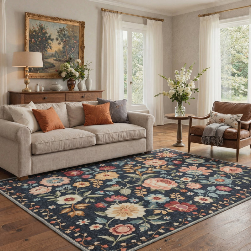 Vintage Floral Machine Washable Red / Green / Blue Indoor Area Rug with Non-Slip Backing, Rectangle 5' x 7'