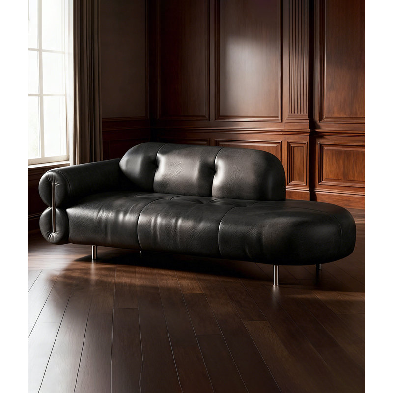 Chaise longue de style italien en bois massif, cuir et métal pour chambre et salon, Face à la gauche, Black