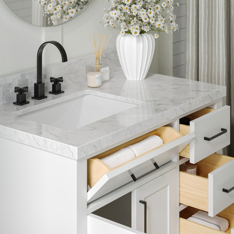 ARIEL HEPBURN 37 IN RIGHT OFFSET RECTANGULAR SINK VANITY 1,5 IN, Left, Rectangular, White