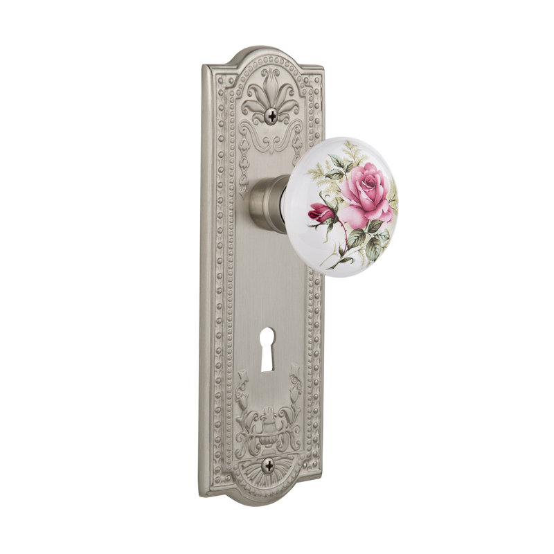 Meadows Plate with Decorative Keyhole and White Rose Porcelain Door Knob, Satin Nickel, 2-3/4”