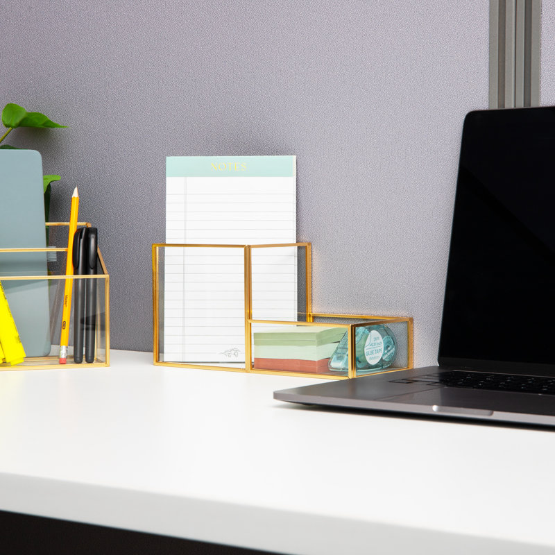  Plateau de rangement à 2 compartiments en verre avec garniture en cuivre, organisateur d'accessoires de bureau pour fournitures de bureau, clés et petits articles, verre et cuivre, transparent