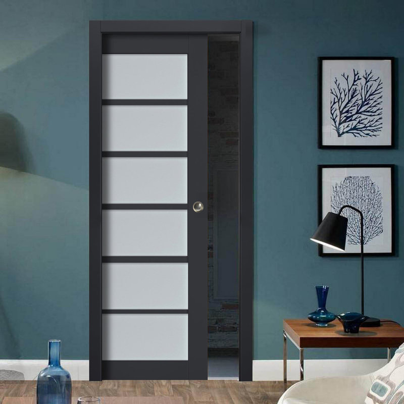 Porte coulissante à galandage avec vitrage dépoli | Veregio 7602 Anthracite | Ensemble de garnitures, rails et quincaillerie | Porte intérieure robuste en bois massif pour chambre à coucher - 76 cm x 203 cm