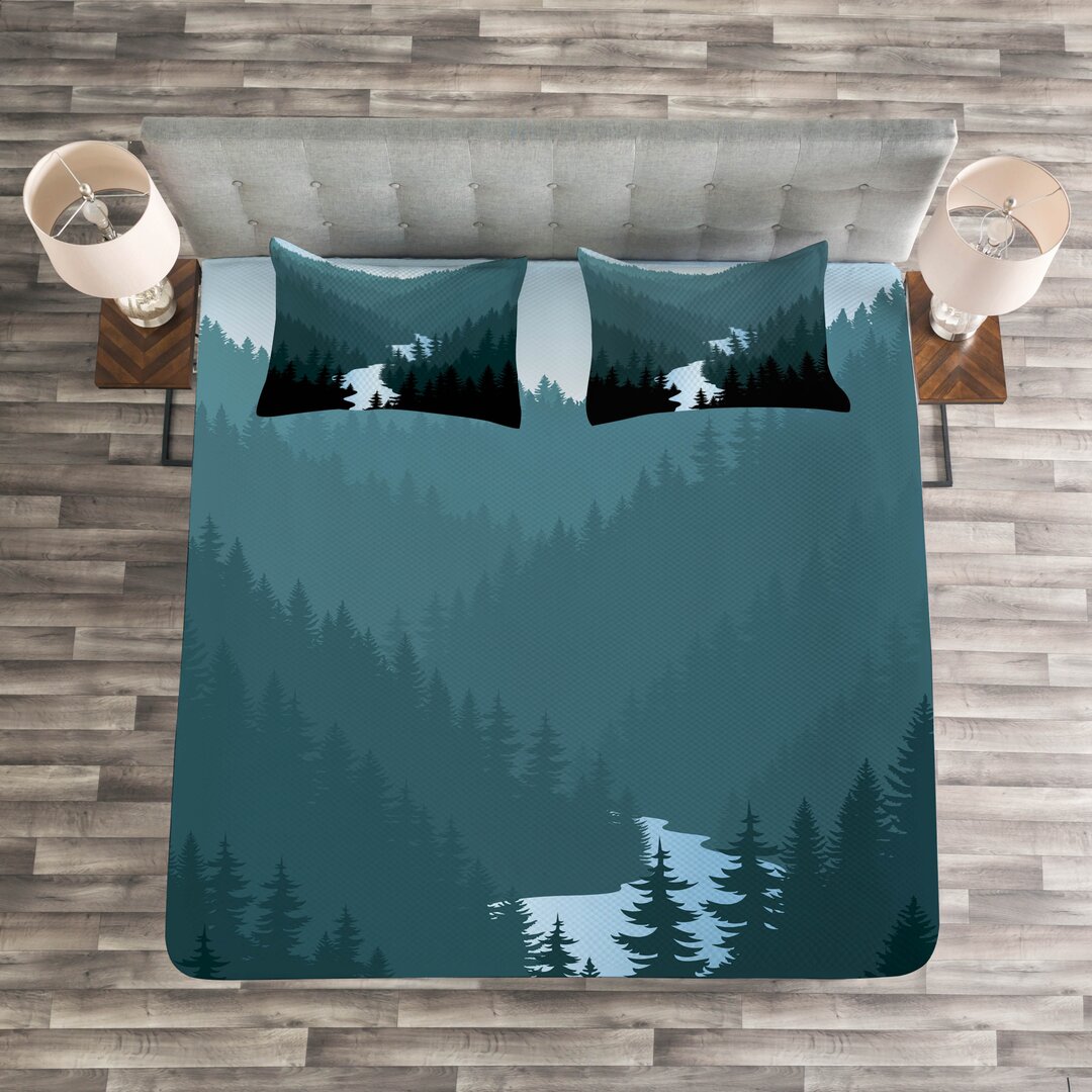 Gestepptes Bettdecken-Set, Gebirge Wald und Fluss, holzig, Petrol Blau Dunkel Teal