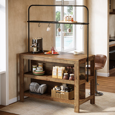Wooden Kitchen Island with Storage Shelf and 5 Hooks, Stationary Island Table with Large Countertop
