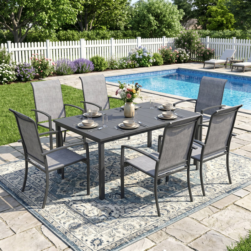 Ensemble repas d'extérieur pour 6 personnes avec fauteuils empilables, Gris / Gris