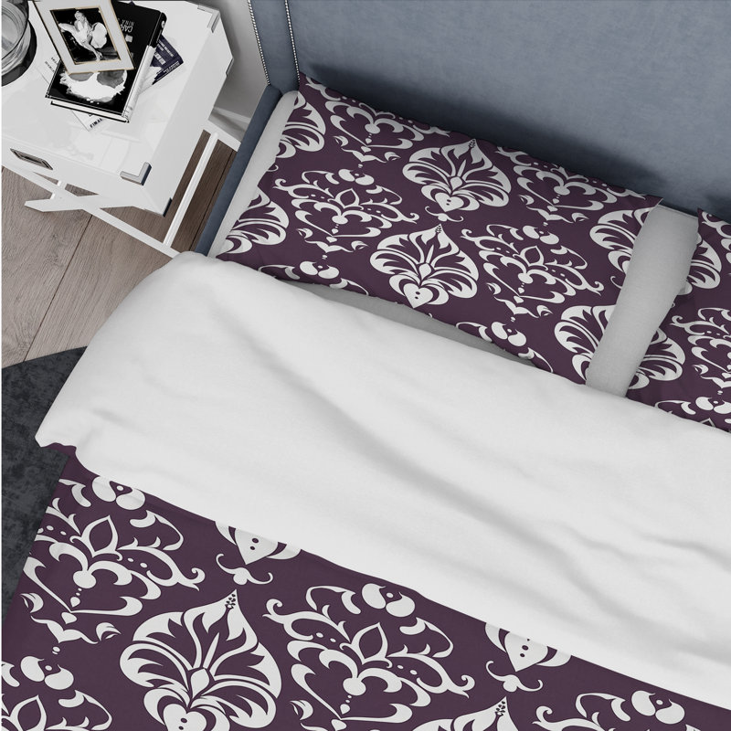 Purple White Damask Elegance III - Modern Duvet Cover Set, King Duvet Cover + 2 King Shams