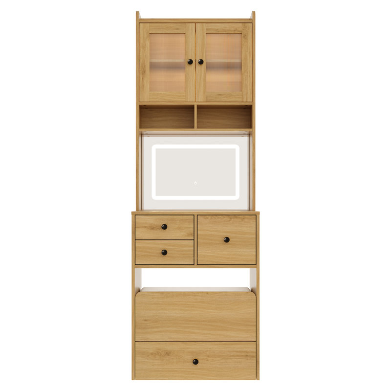 Compact Vanity Desk with LED Lighted Mirror & Charging Station, Makeup Vanity Table Set with Storage Drawer & Cushioned Stool for Bedroom