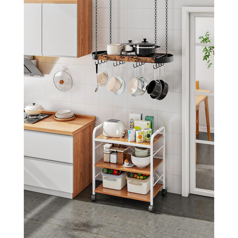 31.7-inch hanging pot rack, kitchen space saving pot rack, ceiling tray rack with 16 detachable S-hooks, rustic brown and black