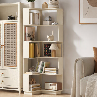 6 Tier Freestanding L-Shaped Corner Bookshelf For Living Room, Bedroom, Wooden Bookcase With Anti-Drop Panle And Anti Tipping Device, Display Shelf Open Storage Rack Organizer For Home Office White