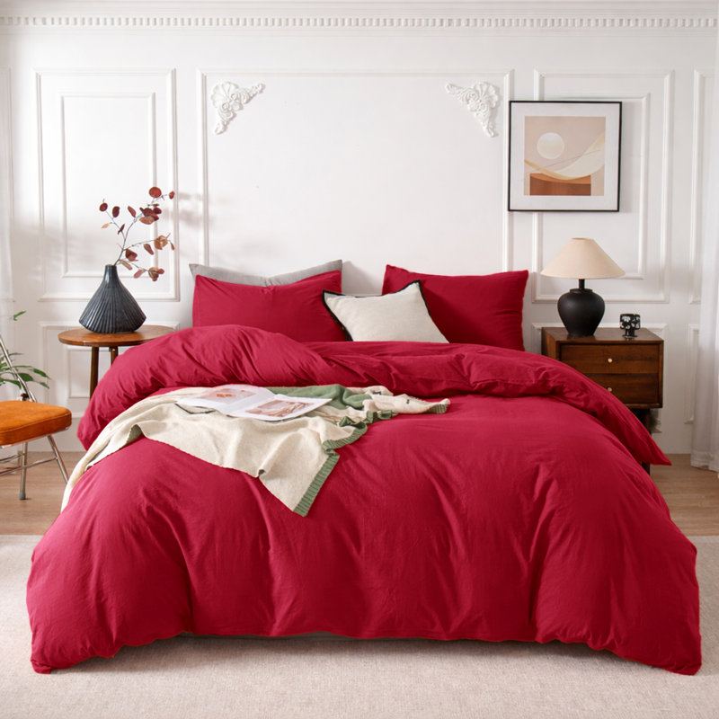 3-Piece Dyed Duvet Cover Set With Pillowcases, Burgundy, Double Duvet Cover + 2 Standard Pillowcases