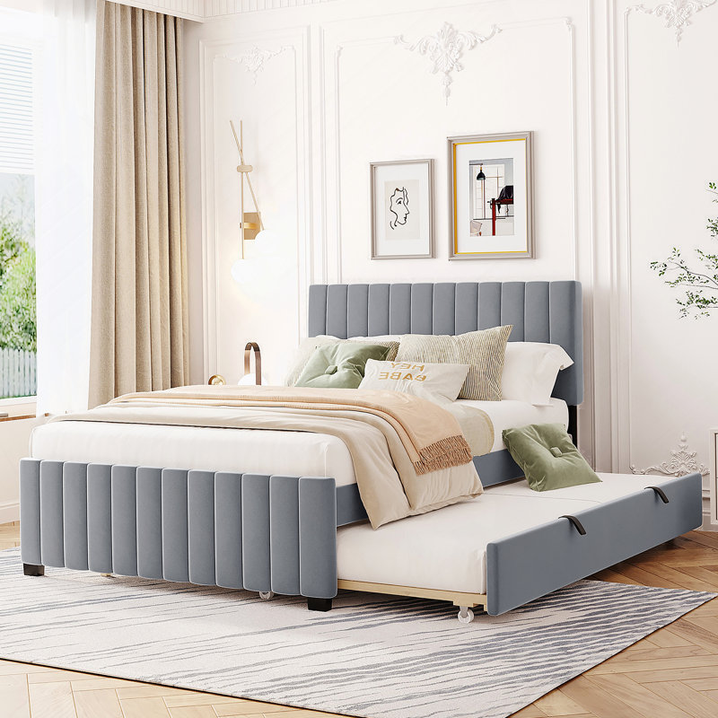 Lit plateforme double en velours avec lit gigogne, Gris clair