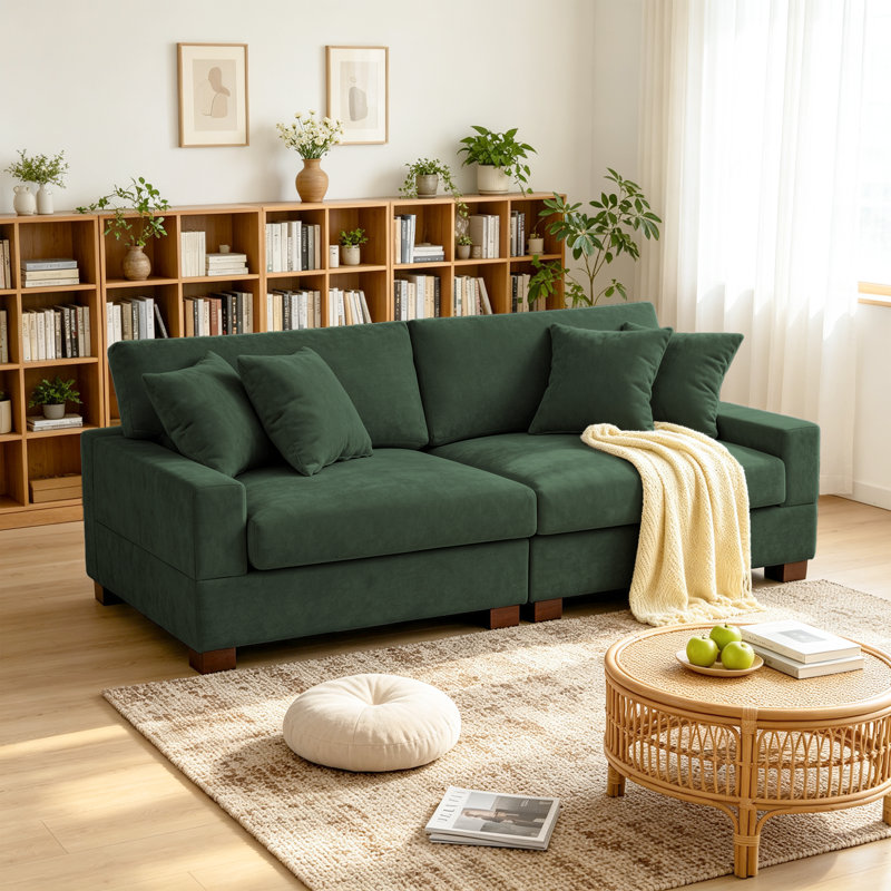 2 - Piece Upholstered Green Chenille Modular Sectional Sofa with Armrests & Throw Pillows, Green