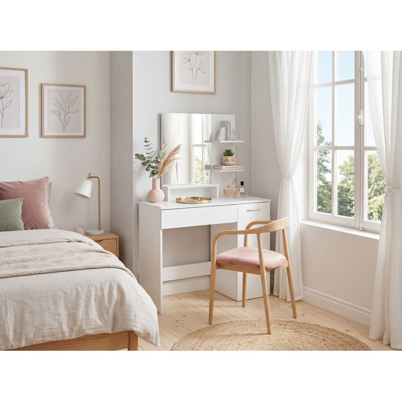 Modern White Dressing Table with Mirror, Shelf and Drawer