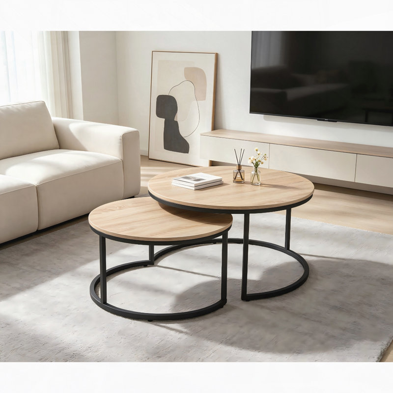 Ensemble de 2 tables gigognes 31,5 po, table d'appoint, finition bois de chêne naturel, peu encombrante, style industriel moderne