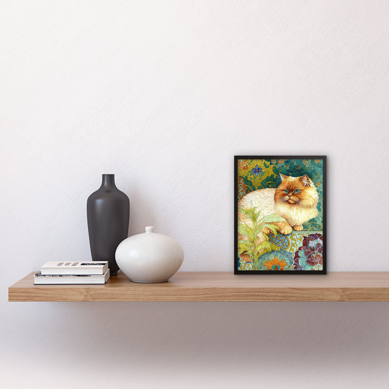Orange Persian Cat William Morris Inspired Floral Pattern Colourful Modern - Single Picture Frame Print