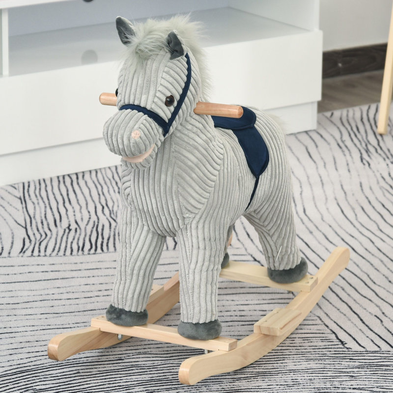 Cheval à bascule en peluche gris et blanc pour enfant, jouet pour enfant 36 à 72 mois, doux et sécuritaire, cadeau parfait pour les garçons et les filles. L 28,75 po x l 13,75 po x H 25,25 po. Peluche, bois, acier. P…