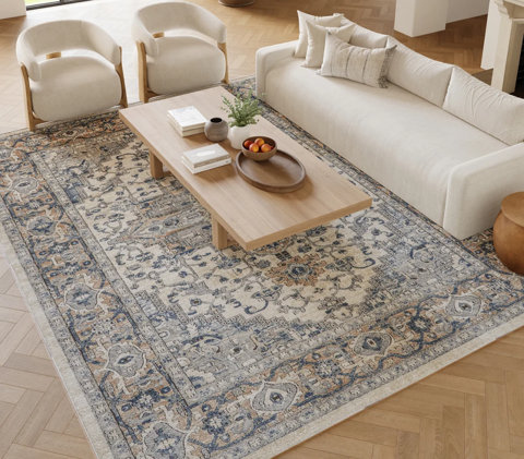 Traditional area rug with a distressed blue and tan medallion pattern layered under a modern cream sofa, two accent chairs, and a natural wood coffee table in a living room.
