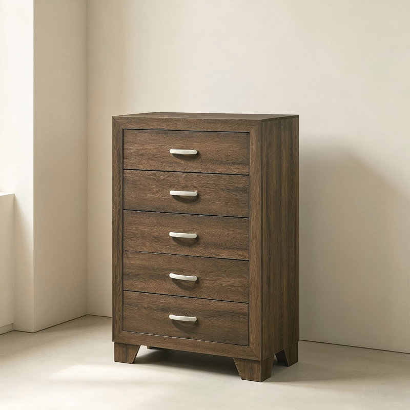 Commode vintage en bois massif brun à 5 tiroirs, meuble de rangement pour chambre à coucher