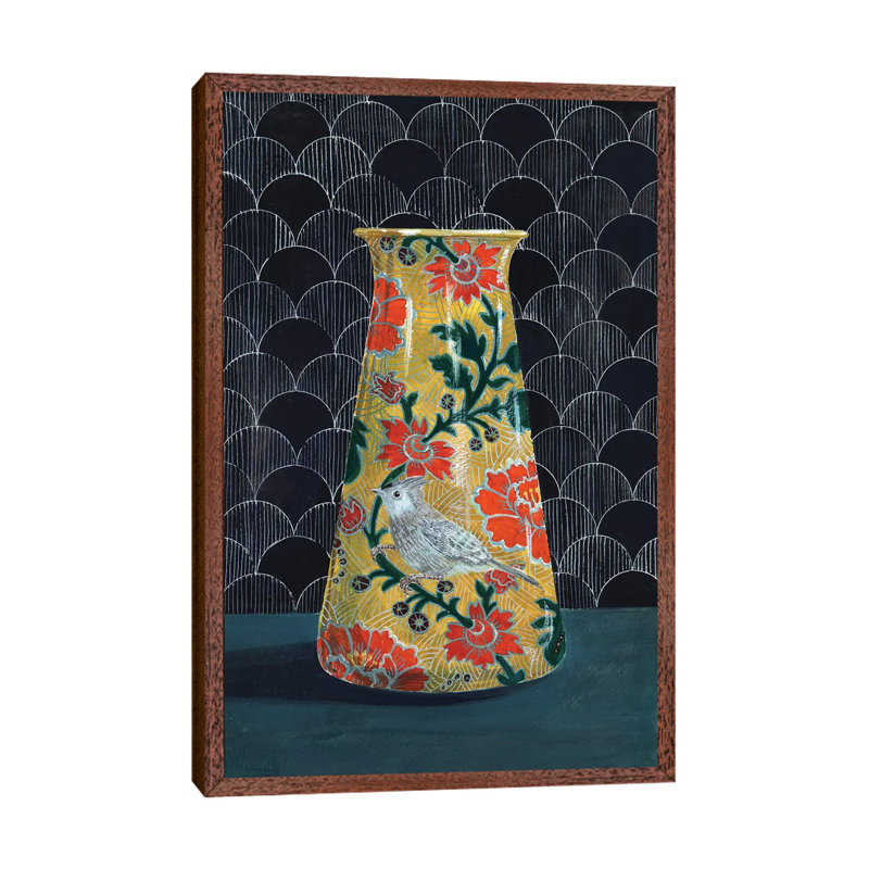 Yellow Vase With Titmouse Bird by Miri Eshet - Painting on Canvas, 101.6 cm H x 66.04 cm W, Classic Brown Wood Framed