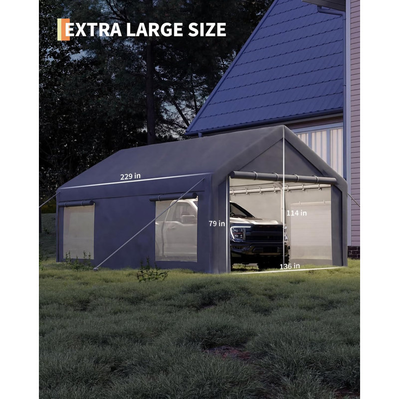 12x20 FT Portable Garage with 200g PE Tarp - Heavy Duty Carport with 2 Roll-Up Doors & 4 Windows - Temporary Shelter for Trucks, Boats, Paint Booth - Galvanized Steel Frame with Reinforced Guylines,Gray