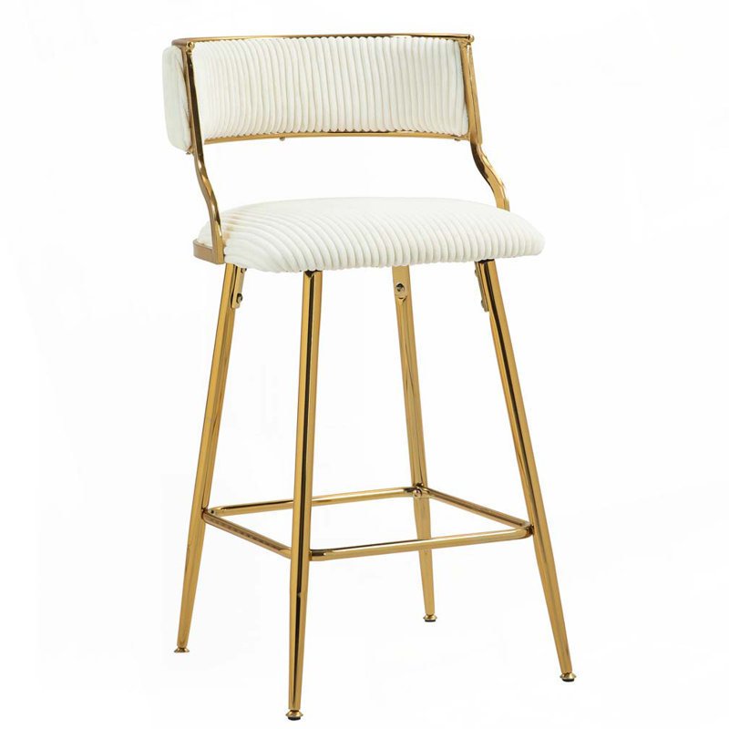 (SET of 2) 26'' Counter height bar stools Corduroy kitchen island counter bar stool with back, base and footrest, White, Gold