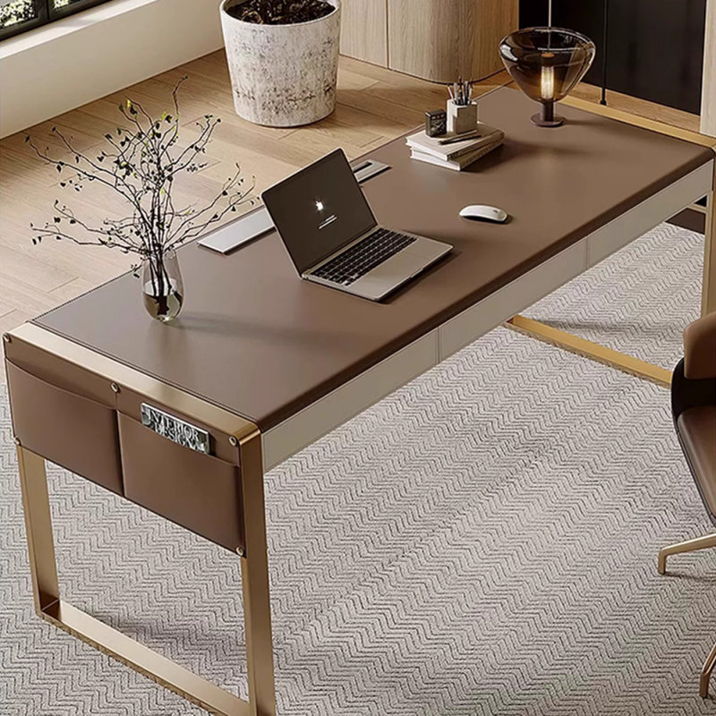 Rectangular Solid Wood with 3 drawers desk, 29.53" H x 70.87" W x 27.56" D, Gold